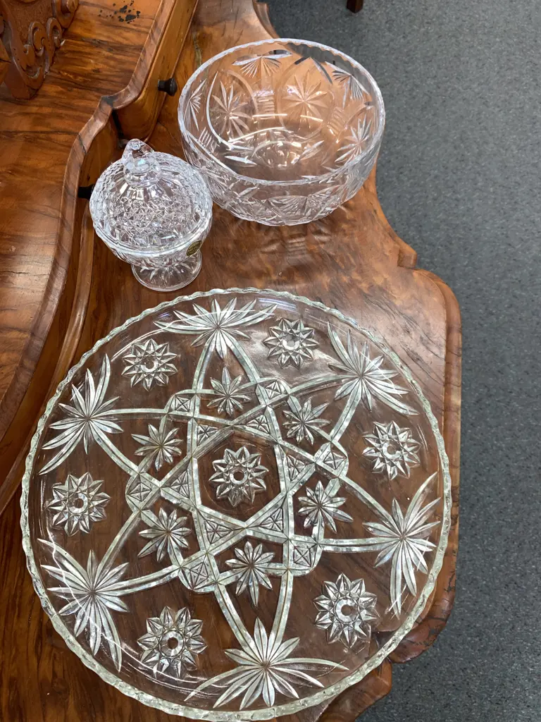 Assortment of Crystal Items, Bowl, Platter, Lidded Dish Image 1++