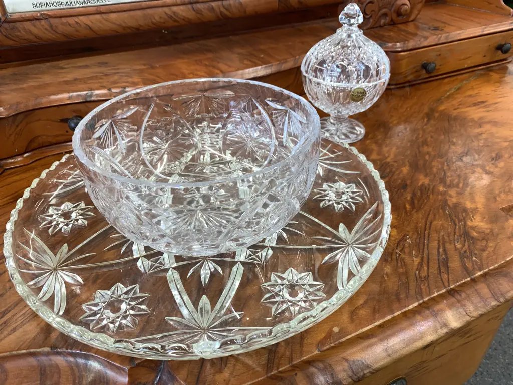 Assortment of Crystal Items, Bowl, Platter, Lidded Dish Image 1++