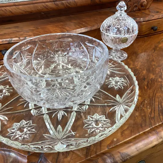 Assortment of Crystal Items, Bowl, Platter, Lidded Dish