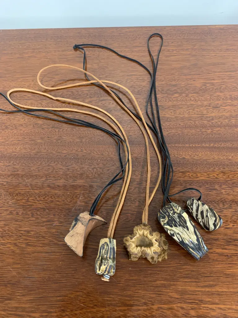 Selection of Costume Jewellery Necklaces, Wood Pendants On Black & Brown Cord Image 1++