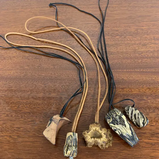 Selection of Costume Jewellery Necklaces, Wood Pendants On Black & Brown Cord