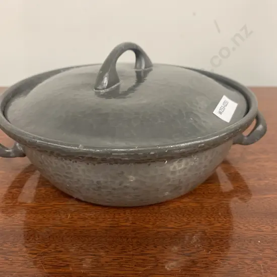Antique English Pewter Hand Hammered 2 Handled Dish With Lid, 10 x 23cm
