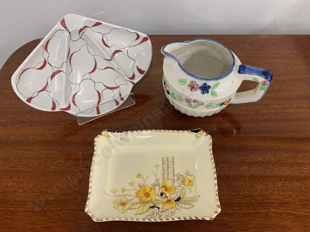 Selection Of China Items Including Art Deco Norfolk Dish, Staffordshire Platter And Large Vintage Jug Cream Ribbed Base  Image 1++
