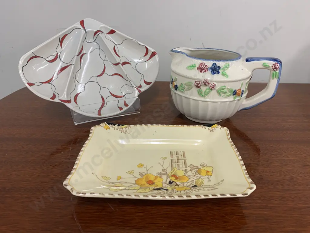 Selection Of China Items Including Art Deco Norfolk Dish, Staffordshire Platter And Large Vintage Jug Cream Ribbed Base  Image 1++