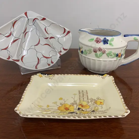 Selection Of China Items Including Art Deco Norfolk Dish, Staffordshire Platter And Large Vintage Jug Cream Ribbed Base 