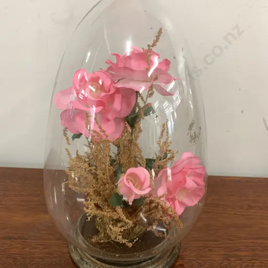 Vintage Glass Dome With Faux Flowers, H20cm