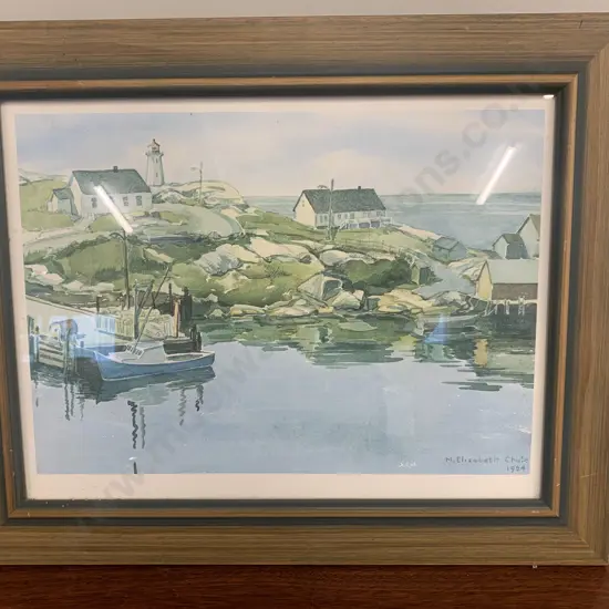 Vintage Framed Artwork Harbour / Lighthouse Scene Signed By M.Elizabeth Chute 1984 