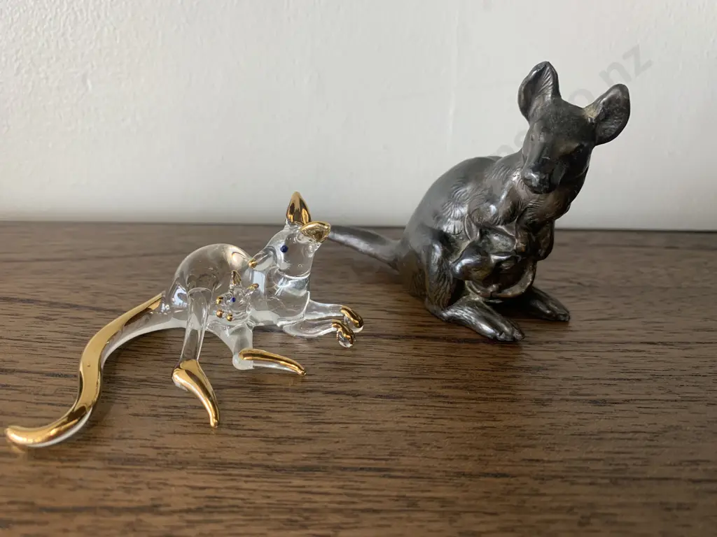 Vintage Bronze Kangaroo Ornament And Swarovski Kangaroo With Joey Figurine Image 1++