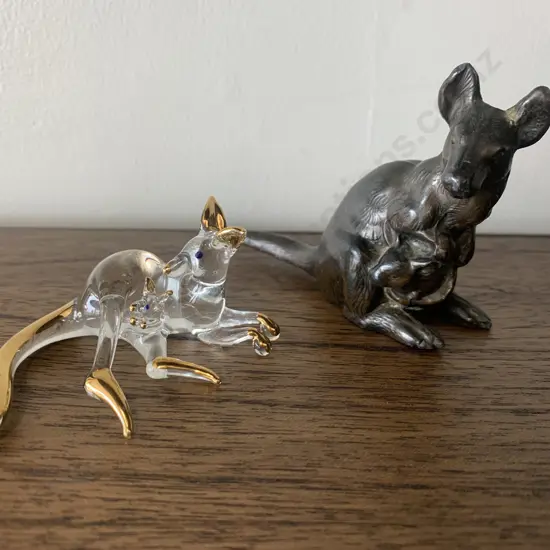 Vintage Bronze Kangaroo Ornament And Swarovski Kangaroo With Joey Figurine