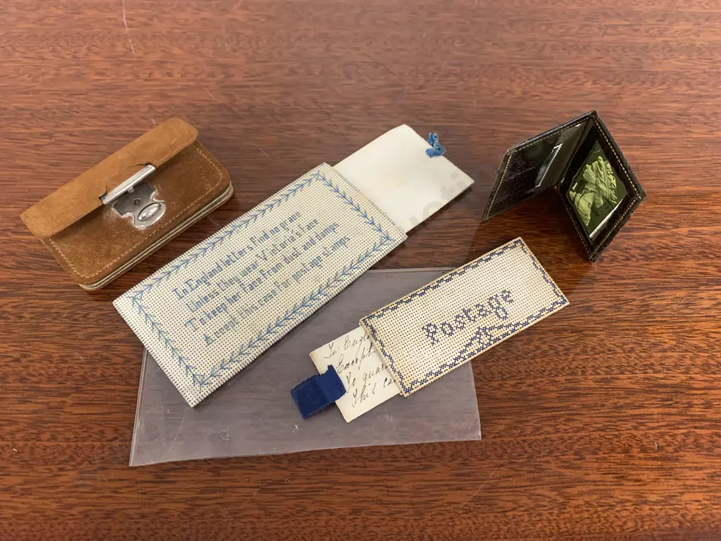 Victorian Sampler Postage Stamp Embroidered Case, Hand Written Poem, Lather Stamp Case, Stamps, Coin Purse Image 1++