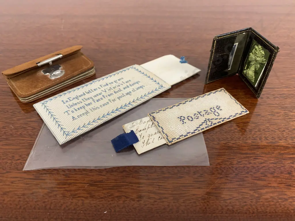 Victorian Sampler Postage Stamp Embroidered Case, Hand Written Poem, Lather Stamp Case, Stamps, Coin Purse Image 1++