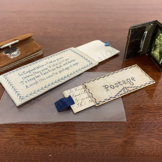 Victorian Sampler Postage Stamp Embroidered Case, Hand Written Poem, Lather Stamp Case, Stamps, Coin Purse