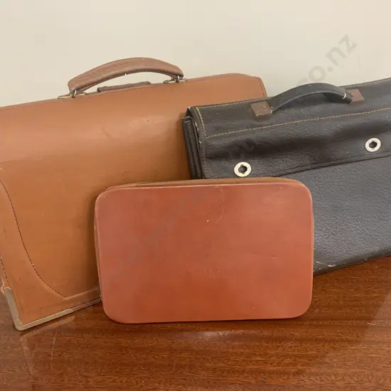 Vintage Leather Brief Case, Satchel And Card ' Stamp And Pad Holder