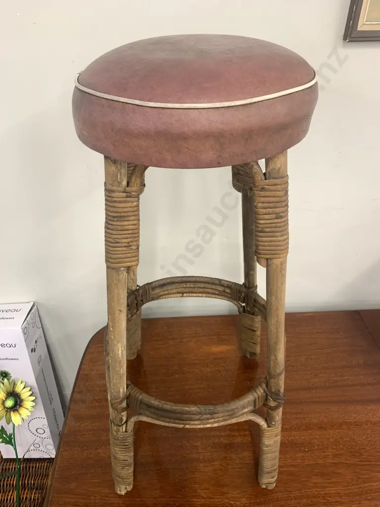 Vintage Rattan Stool With Brown Round Vinyl Upholstered Seat With White Trim H77cm. Image 1++