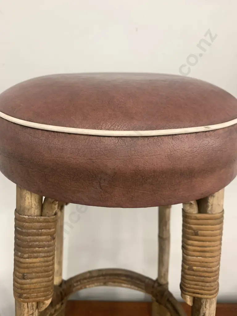 Vintage Rattan Stool With Brown Round Vinyl Upholstered Seat With White Trim H77cm. Image 1++