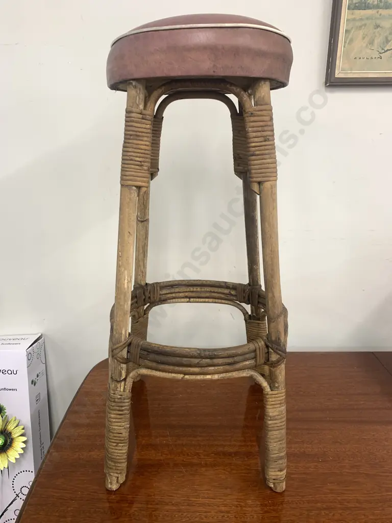 Vintage Rattan Stool With Brown Round Vinyl Upholstered Seat With White Trim H77cm. Image 1++