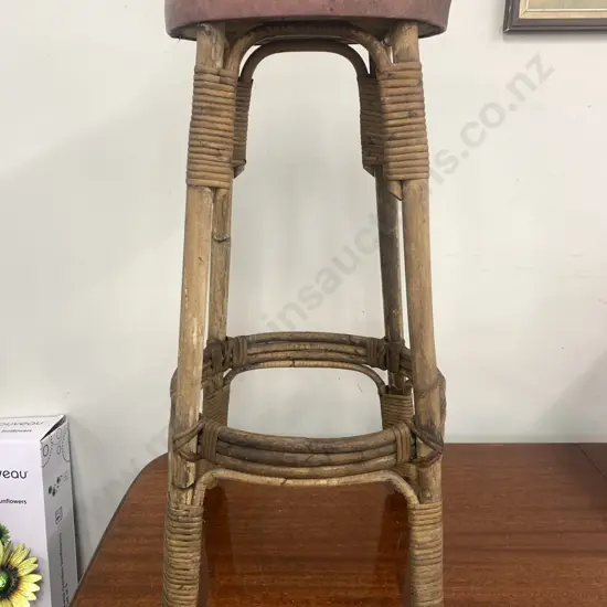 Vintage Rattan Stool With Brown Round Vinyl Upholstered Seat With White Trim H77cm.