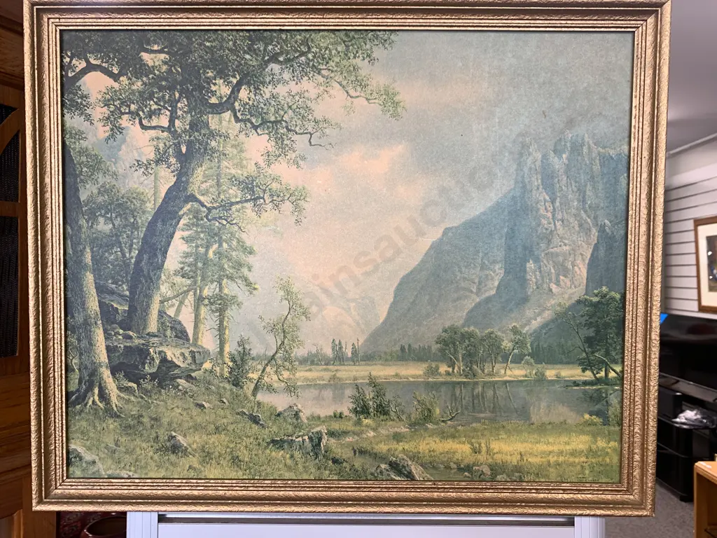 Vintage Framed Artwork 'Yosemite Valley' Stamped In Corner Litho In USA H45cm,W54cm. Image 1++
