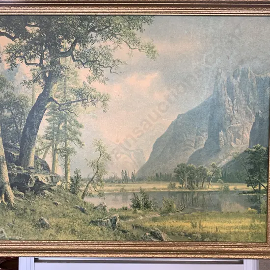 Vintage Framed Artwork 'Yosemite Valley' Stamped In Corner Litho In USA H45cm,W54cm.