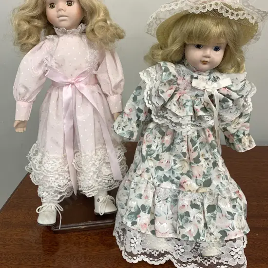 Pair Of Vintage Porcelain Dolls On Stands