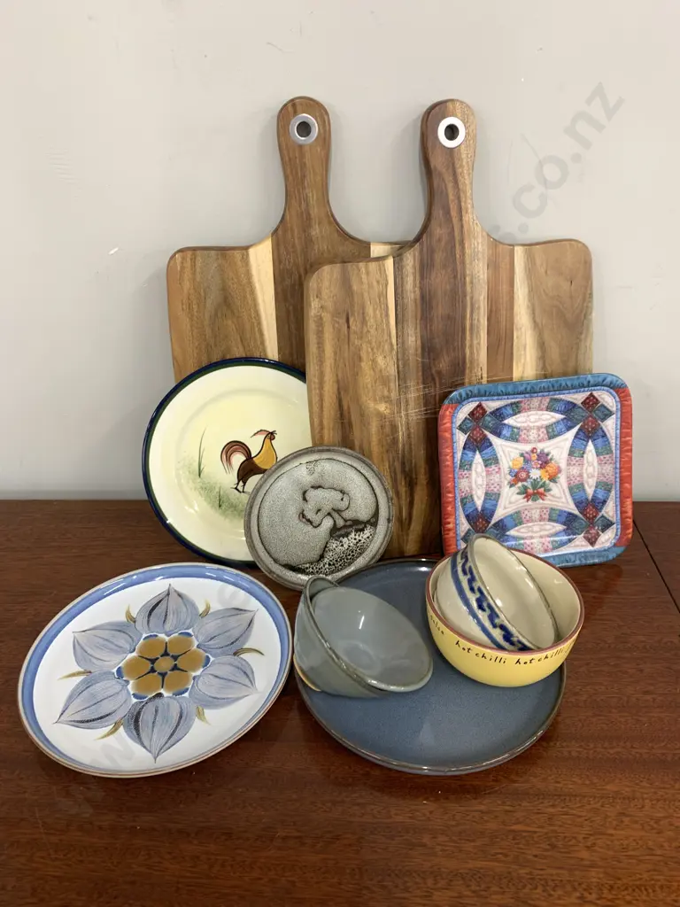 Handled Bread Boards x 2 With Assorted Pottery Items Image 1++