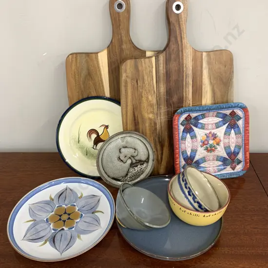 Handled Bread Boards x 2 With Assorted Pottery Items
