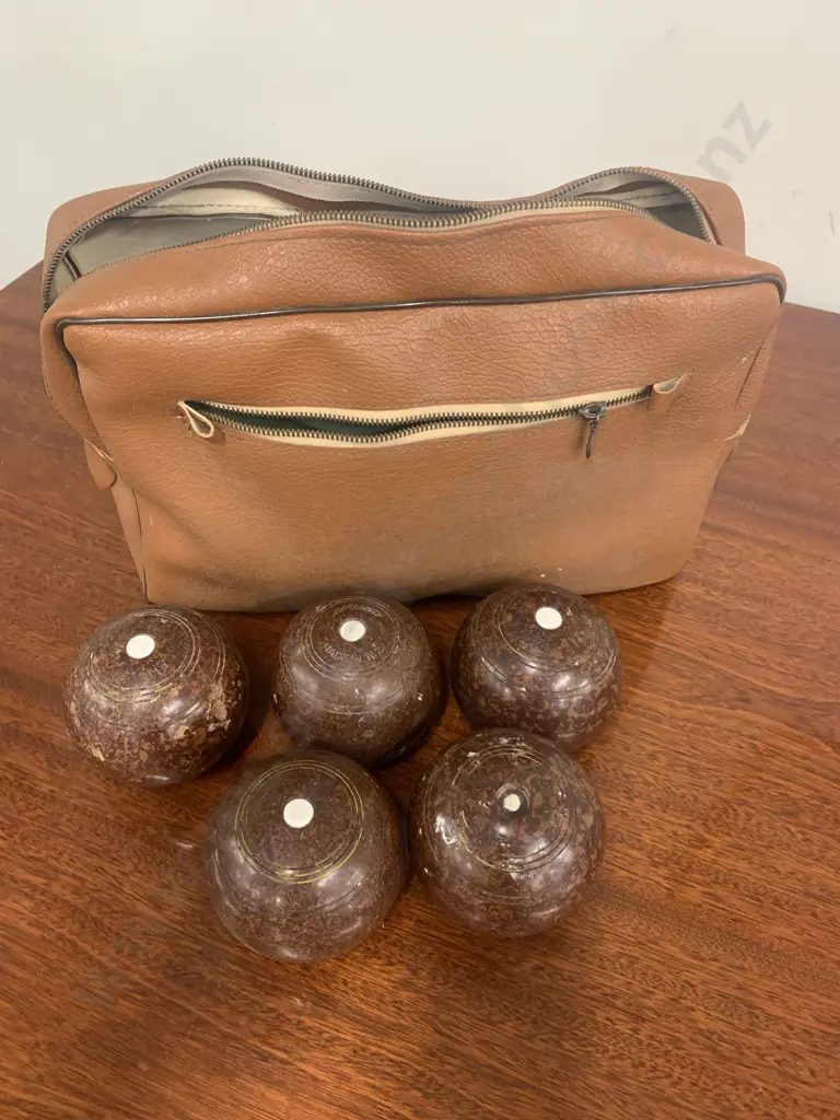 Vintage Brown 'Modermite' Lawn Bowls With Vintage Tan Satchel Image 1++