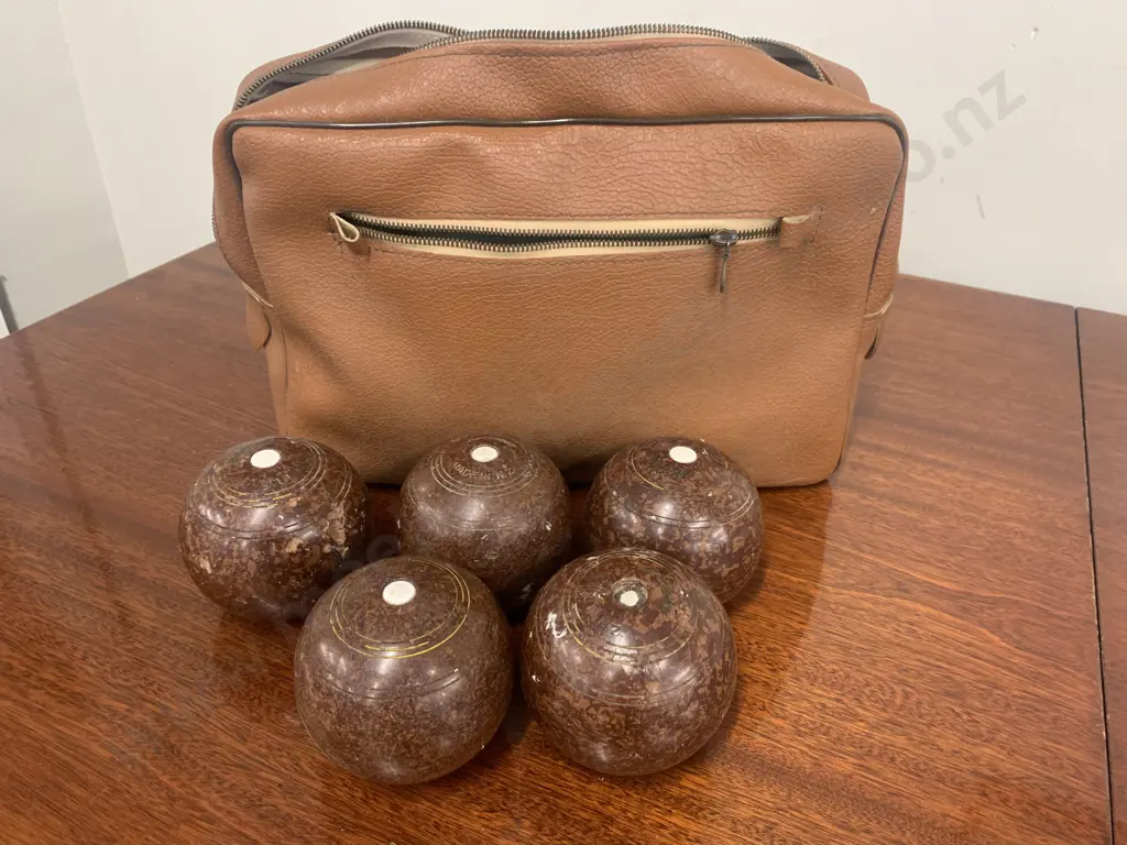 Vintage Brown 'Modermite' Lawn Bowls With Vintage Tan Satchel Image 1++