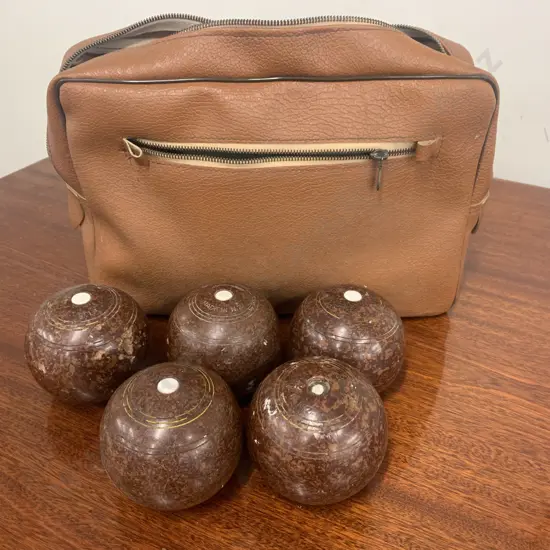 Vintage Brown 'Modermite' Lawn Bowls With Vintage Tan Satchel