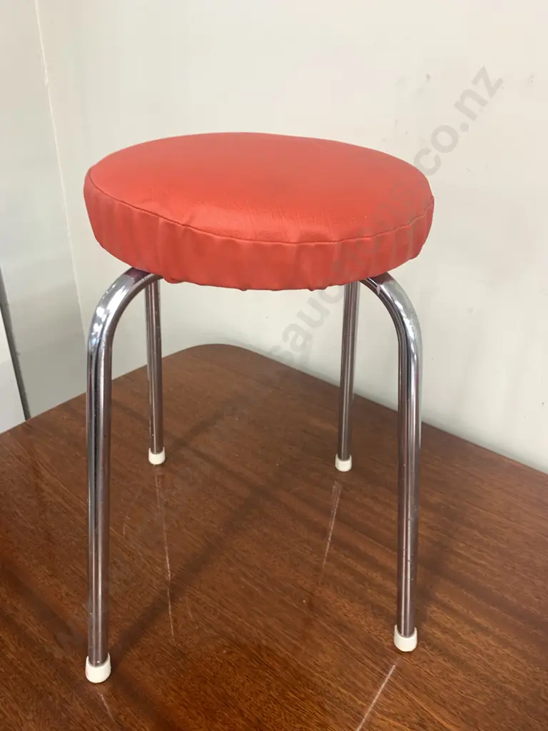 Retro Round Red Vinyl Kitchen Stool With Chrome Legs Image 1++