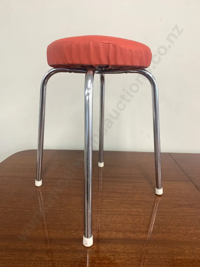 Retro Round Red Vinyl Kitchen Stool With Chrome Legs Image 1++