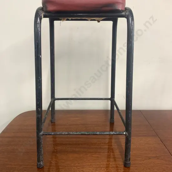 Vintage Steel Black Frame Stool With Square Red Vinyl Upholstered Seat