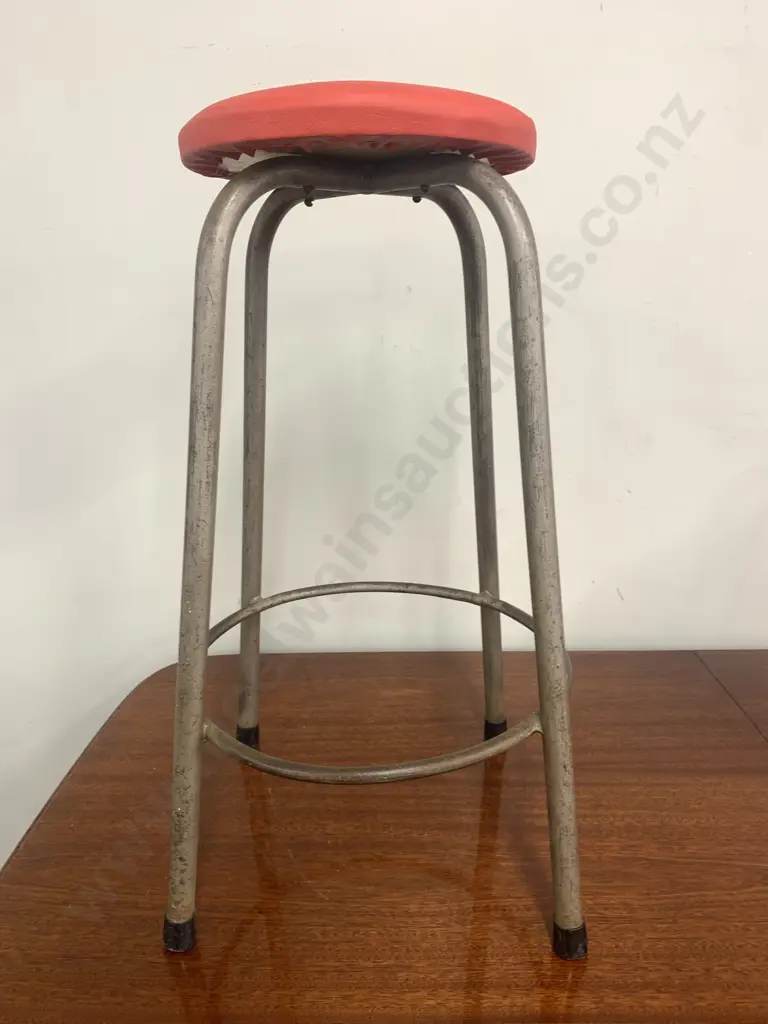 Vintage Steel Frame Red Vinyl Upholstered Stool H66cm. Image 1++