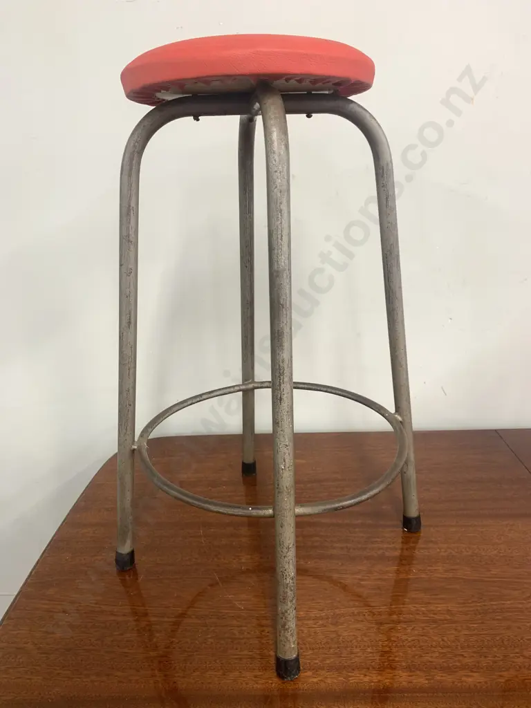 Vintage Steel Frame Red Vinyl Upholstered Stool H66cm. Image 1++