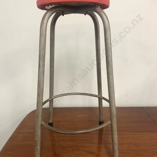 Vintage Steel Frame Red Vinyl Upholstered Stool H66cm.