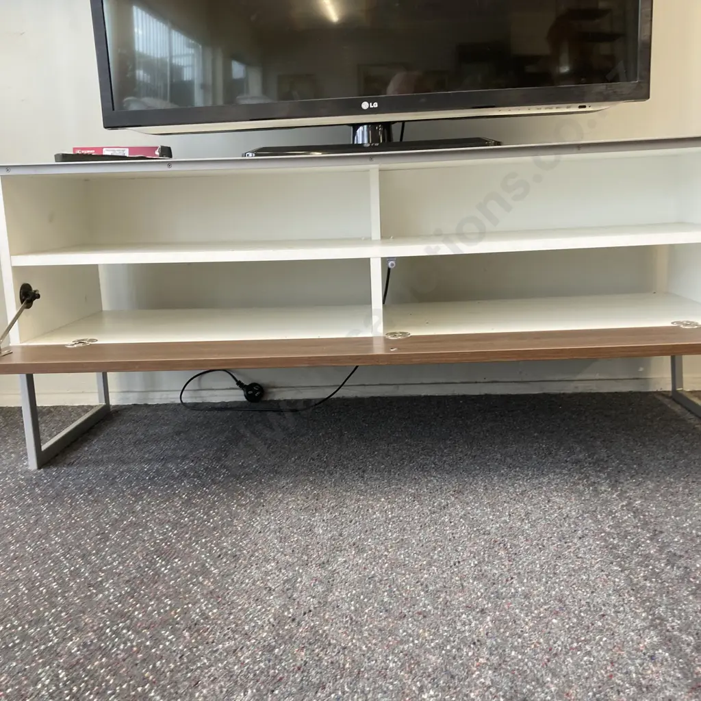 TV Stand, White With Oak Effect Drop Down Door, Pewter Colour Trim And Legs, H50.5 W120 D40cm Image 1++