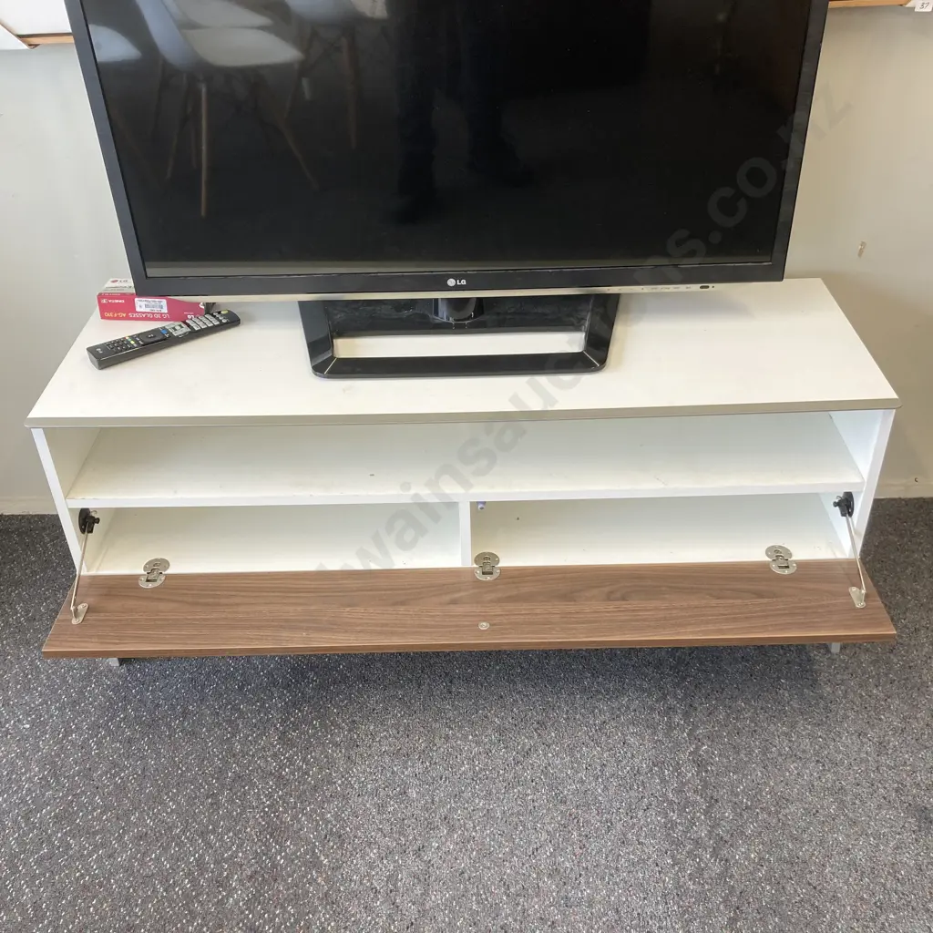 TV Stand, White With Oak Effect Drop Down Door, Pewter Colour Trim And Legs, H50.5 W120 D40cm Image 1++