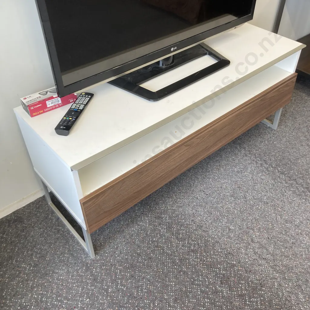TV Stand, White With Oak Effect Drop Down Door, Pewter Colour Trim And Legs, H50.5 W120 D40cm Image 1++