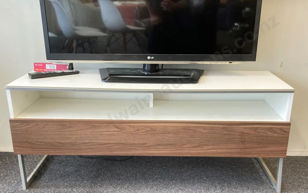 TV Stand, White With Oak Effect Drop Down Door, Pewter Colour Trim And Legs, H50.5 W120 D40cm Image 1++