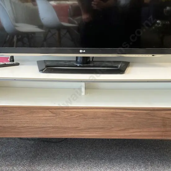 TV Stand, White With Oak Effect Drop Down Door, Pewter Colour Trim And Legs, H50.5 W120 D40cm