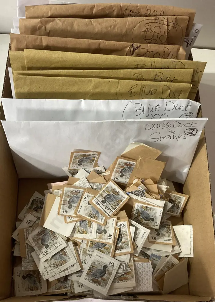 Box Lot  Over 1200 New Zealand Blue Duck Stamps Image 1++