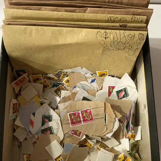 Box Lot  Assorted Stamps, Moths, Butterflies, Fish, British & American Stamps Etc