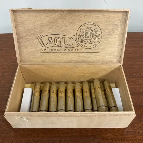 Vintage Wooden Agio Gouden Oogst Cigar Box, H8 W26 D13cm, Made In Holland