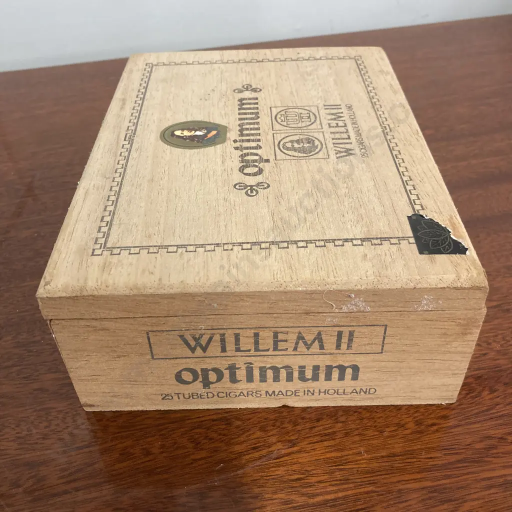 Vintage Wooden Willem II Optimum Tubed Cigars Box (Vintage Condition), H7 W20 D15.5cm, Made In Holland Image 1++