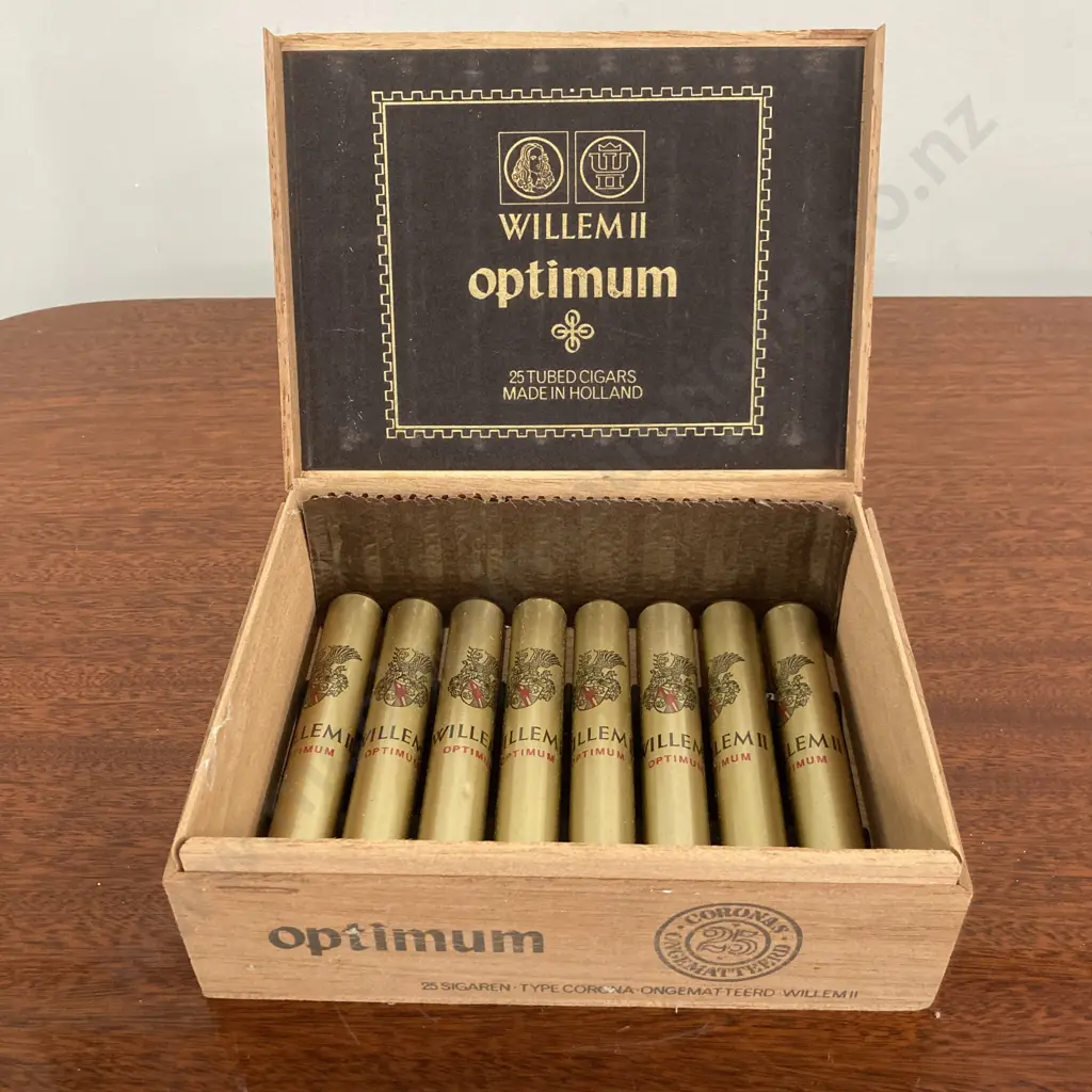 Vintage Wooden Willem II Optimum Tubed Cigars Box (Vintage Condition), H7 W20 D15.5cm, Made In Holland Image 1++