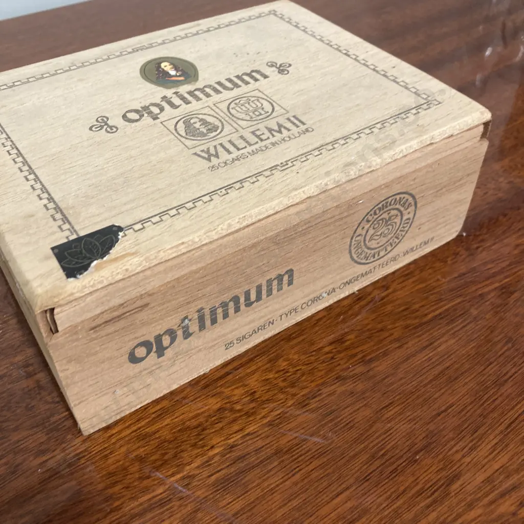 Vintage Wooden Willem II Optimum Tubed Cigars Box (Vintage Condition), H7 W20 D15.5cm, Made In Holland Image 1++