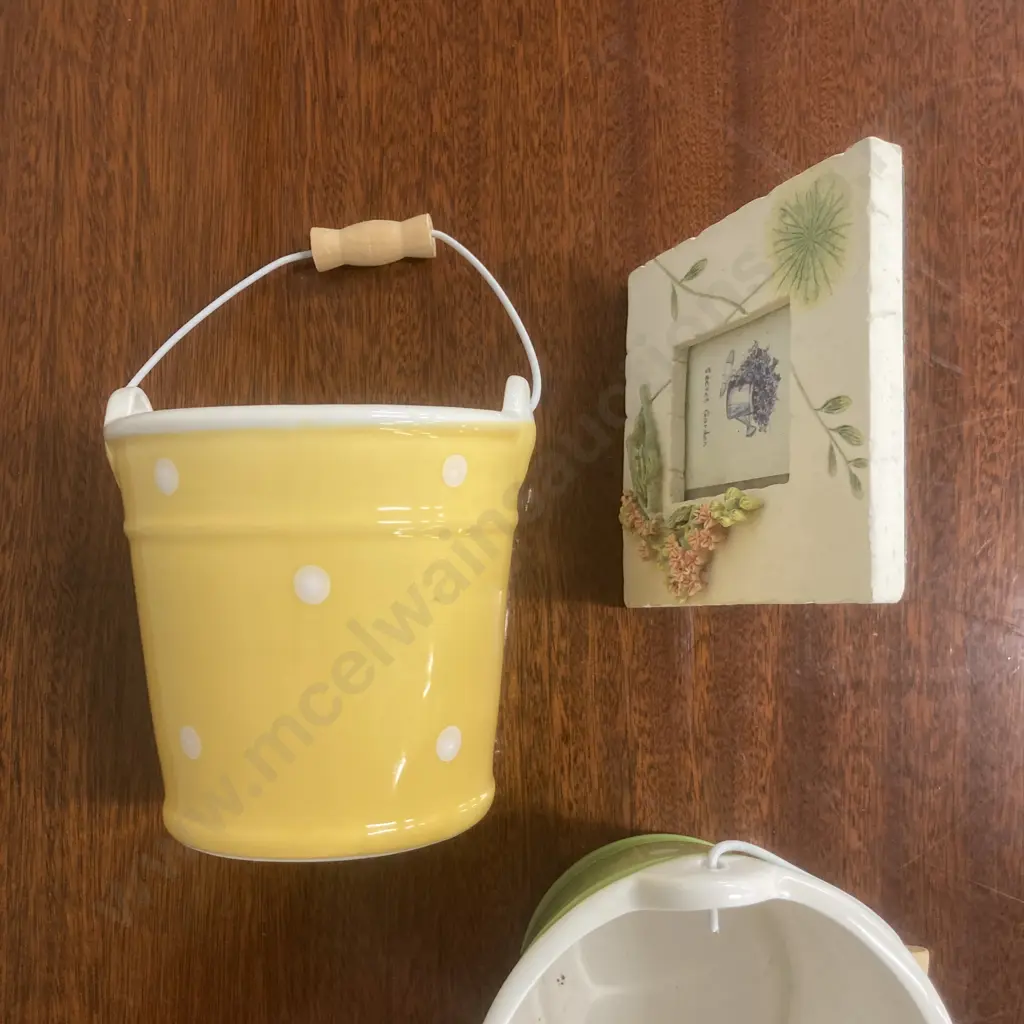 Lot of 3 Morgan & Finch Porcelain Buckets With Spots 11 x 11cm & Small Floral Picture Frame Image 1++