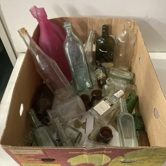 Box lot Assorted Vintage Glassware & Bottles