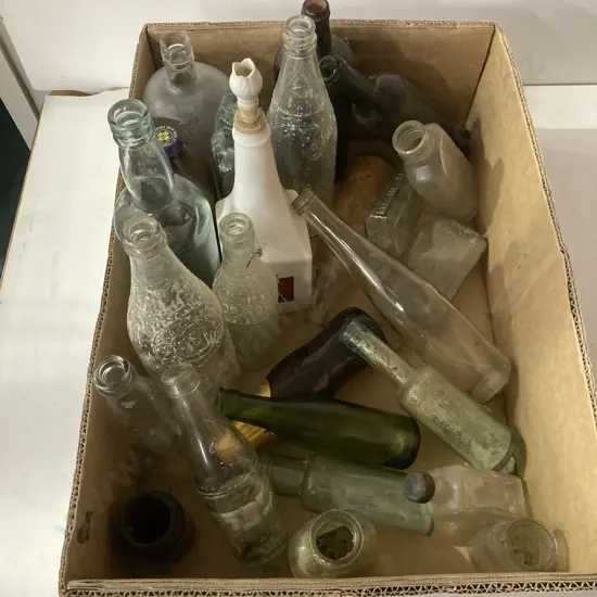 Box lot Assorted Vintage Glassware & Bottles