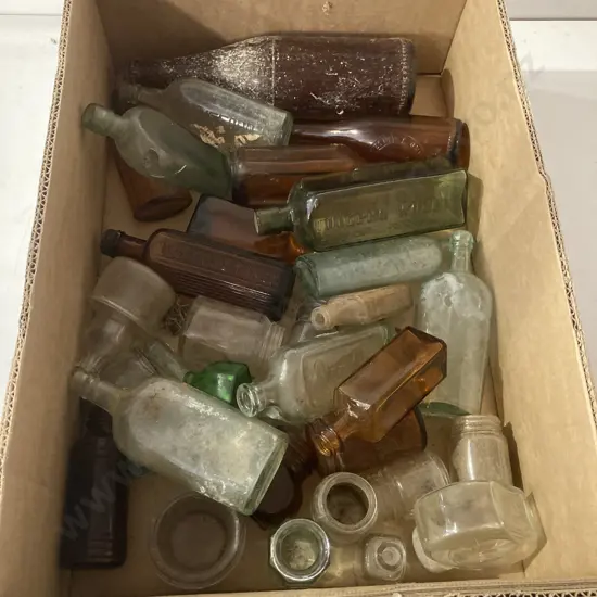 Box lot Assorted Vintage Glassware & Bottles